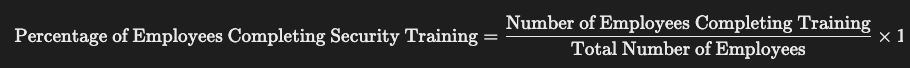Percentage of Employees Completing Security Training= (Total Number of Employees / Number of Employees Completing& Training) ×100